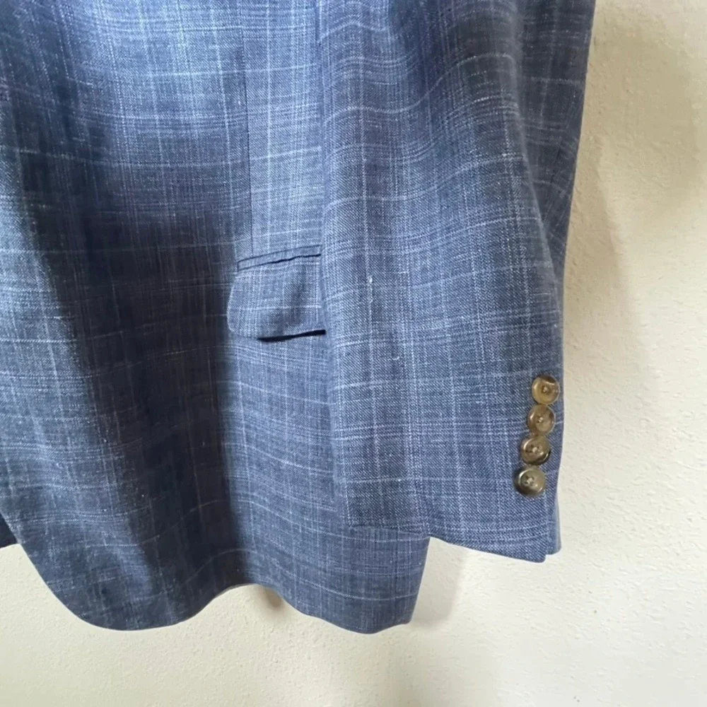 Peter Millar Blazer Mens 50R Blue Plaid Silk Linen Wool E. Thomas Italian Fabric